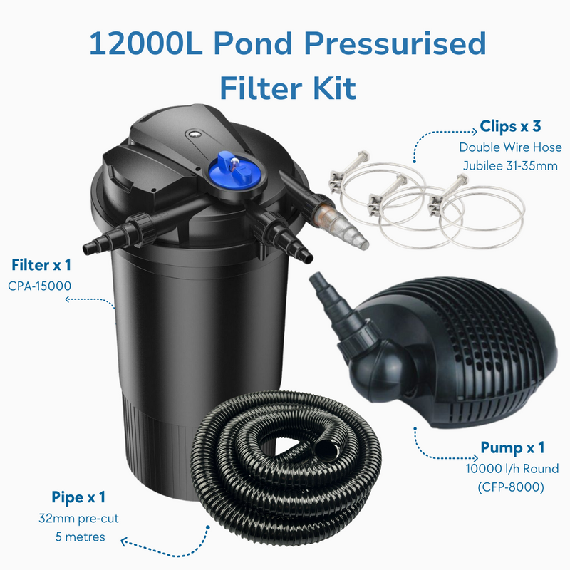 12000L Pond Self-Cleaning Pressurised Filter Kit Inc Pump & Hose