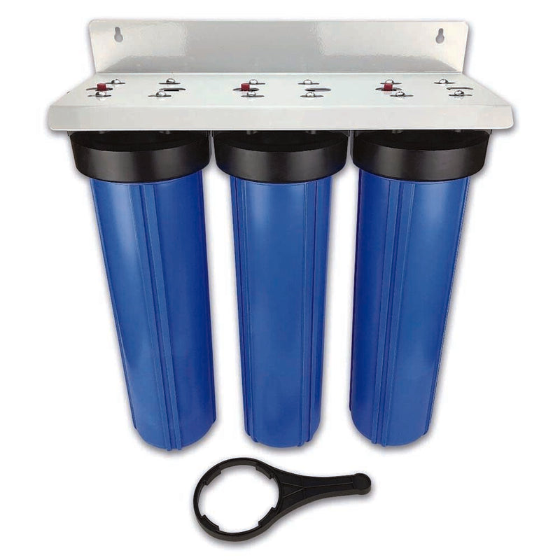 20” Jumbo Reverse Osmosis Triple Housing Set With 1” Brass Ports, Bracket & Spanner