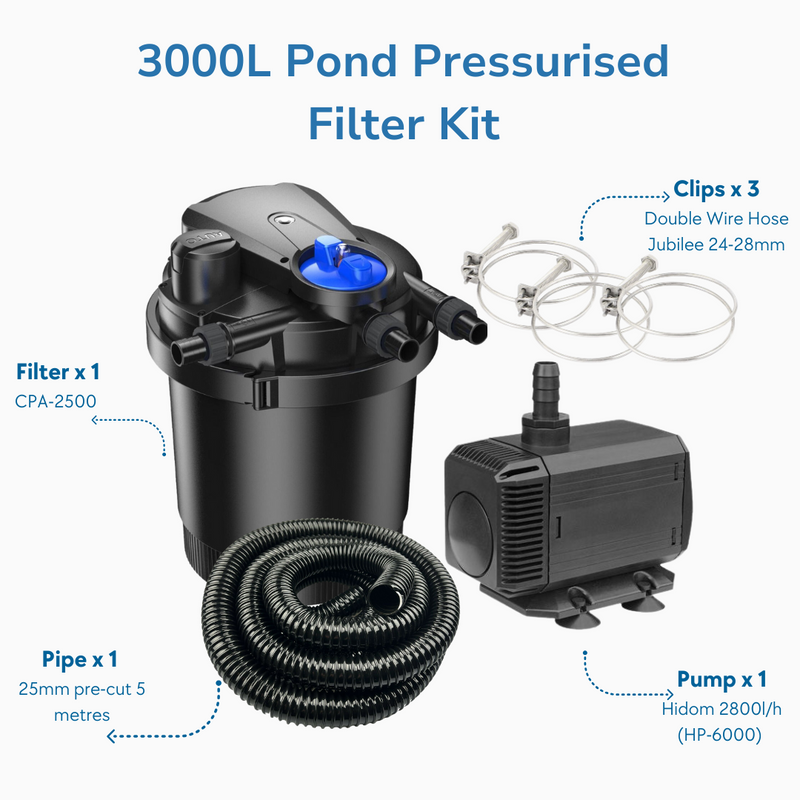 3000L Pond Self-Cleaning Pressurised Filter Kit Inc Pump & Hose