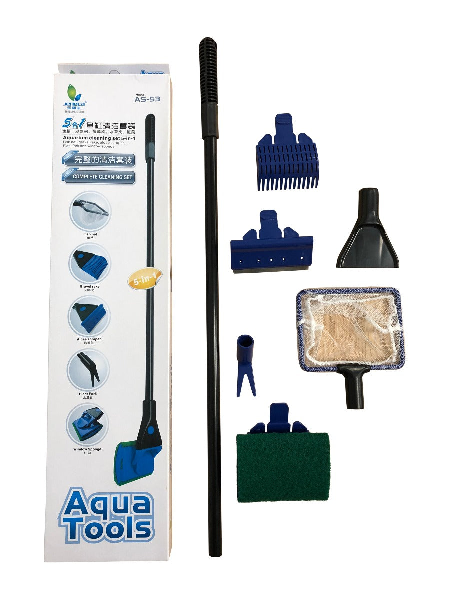 fish tank cleaning accessories uk Aquarium 5 In 1 Cleaning Set (Fish Net, Rake, Scraper, Plant Fork, Spo —  Finest Filters