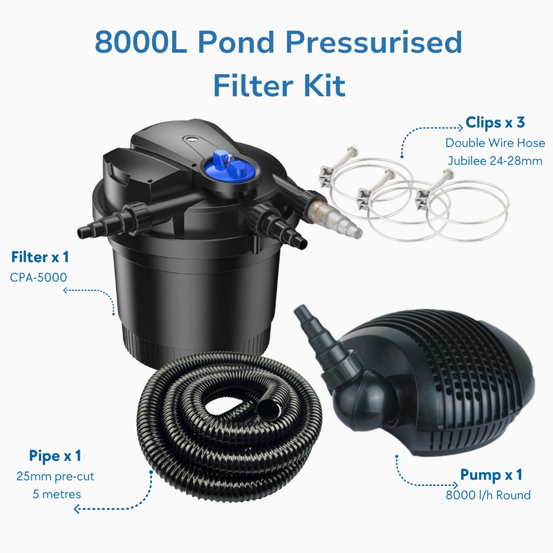 8000L Pond Self-Cleaning Pressurised Pond Filter Kit Inc Pump & Hose