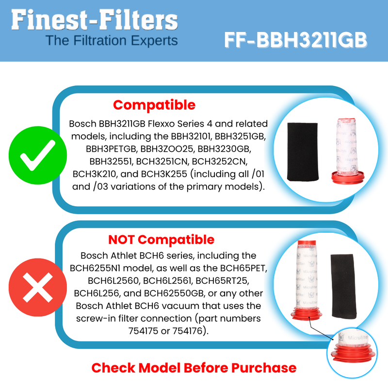 6-Piece Filter Multi-pack Compatible with Bosch BBH3211 GB Flexxo Series 4