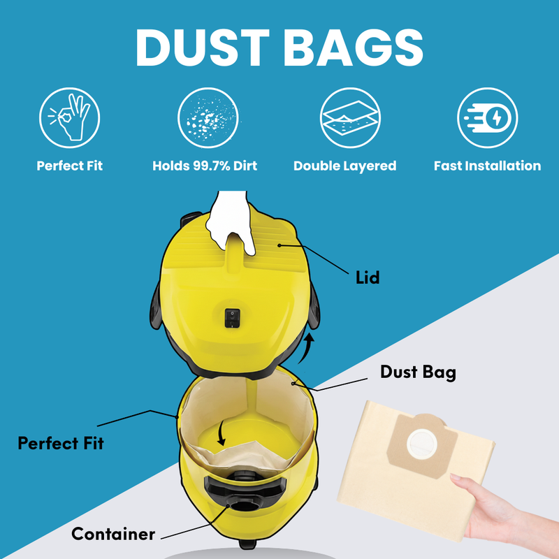 5-pack Replacement Vacuum Filter Bags Compatible with Karcher WD3