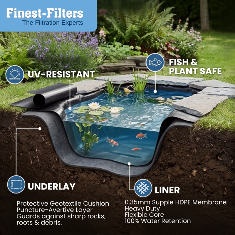 0.35mm HDPE Pond Liner & Underlay Options - 40yr Guarantee (2x2m - 9x12m)