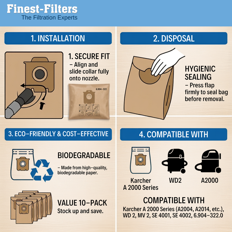 Finest-Filters Heavy-Duty Bags Compatible with Karcher WD2 Vacuum Cleaners