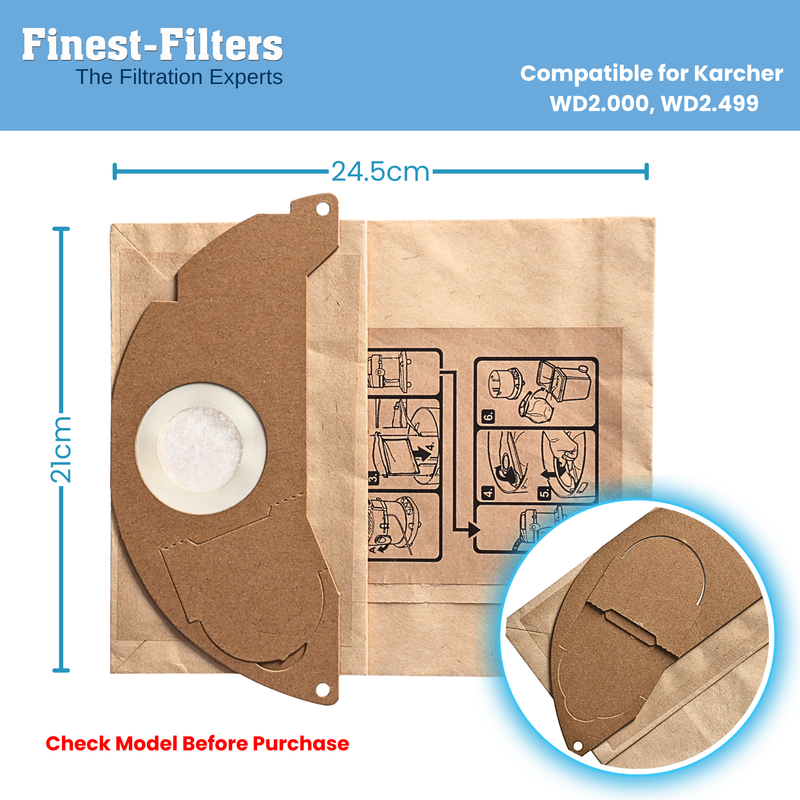 Finest-Filters Heavy-Duty Bags Compatible with Karcher WD2 Vacuum Cleaners