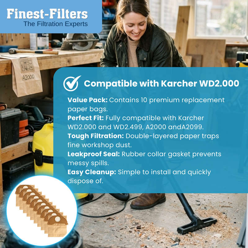 Finest-Filters Heavy-Duty Bags Compatible with Karcher WD2 Vacuum Cleaners