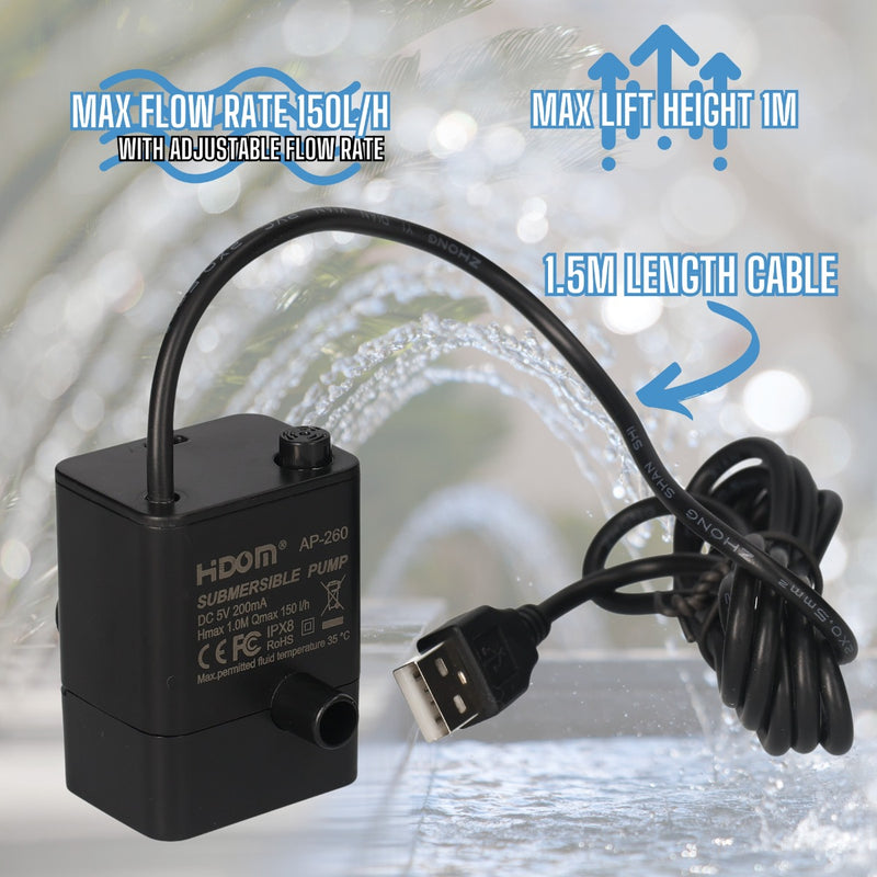 Submersible USB Powered 150l/h Quiet Mini Water Feature Pump
